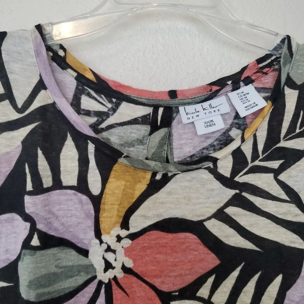 Nicole Miller Women’s Multicolor Floral Round Neck Short Sleeve Linen Blouse M - Picture 3 of 16